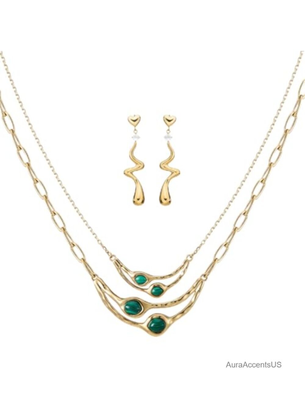 3-Pc Malachite Layered Necklace & Earrings Set, 14K Gold PVD Stainless Steel